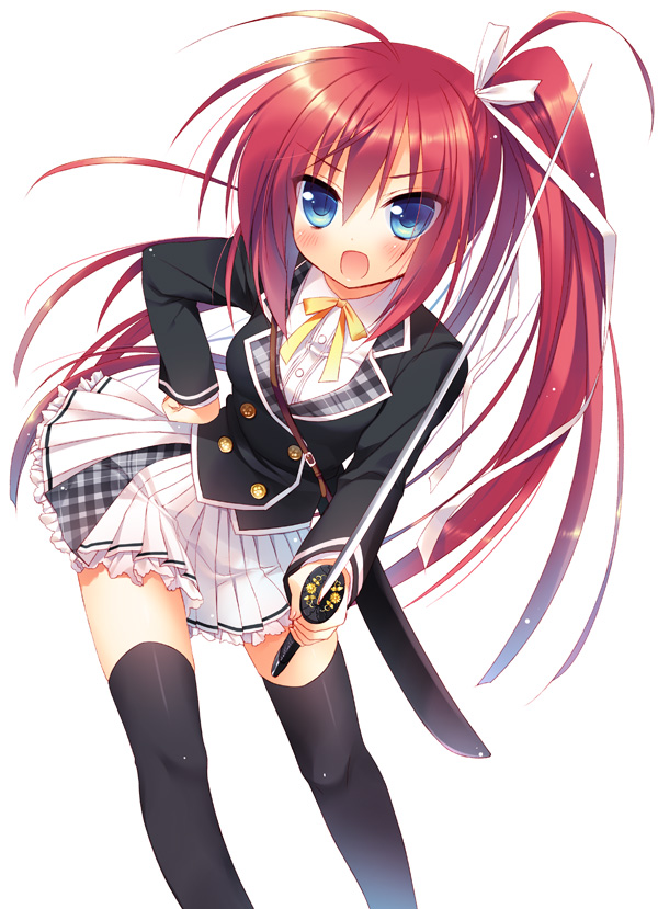:o, black_legwear, blazer, blonde_hair, blush, hair_ribbon, holding, katana, looking_at_viewer, open_mouth, original, red_hair, redhead, ribbon, sazaki_ichiri, school_uniform, side_ponytail, skirt, solo, sword, thigh-highs, thighhighs, weapon, white_background