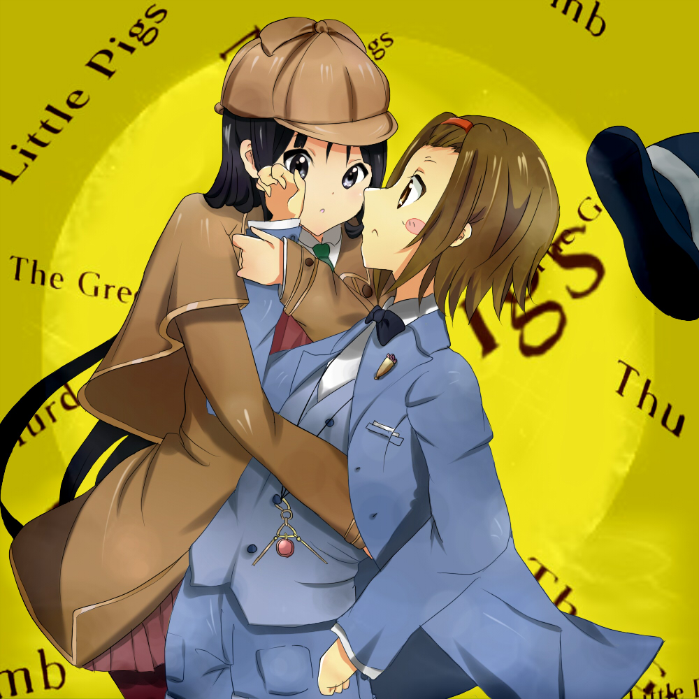 2girls, akiyama_mio, black_eyes, black_hair, blush, brown_eyes, chiba_tv, chitanda_eru, chitanda_eru_(cosplay), cosplay, hat, highres, hime_cut, hobunsha, hyouka, k-on!, kadokawa_shoten, kyoto_animation, long_hair, looking_at_viewer, mini_top_hat, multiple_girls, open_mouth, oreki_houtarou, oreki_houtarou_(cosplay), parody, short_hair, simple_background, smile, studio_connection, tainaka_ritsu, tbs, tokyo_mx, top_hat, yuri