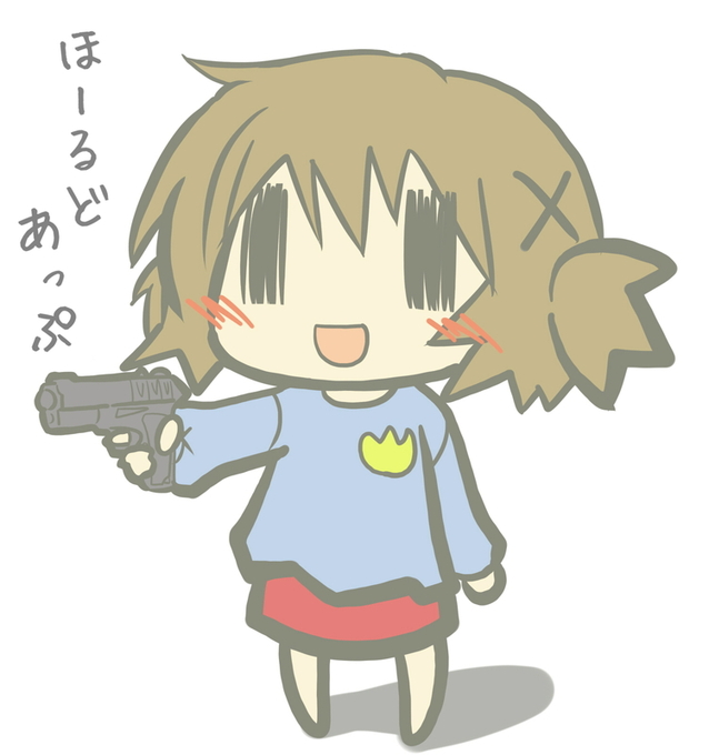 :d, blush, brown_hair, gun, hair_ornament, hairclip, hidamari_sketch, kindergarten_uniform, open_mouth, shijiani, smile, solo, translated, weapon, white_background, yuno, ||_||