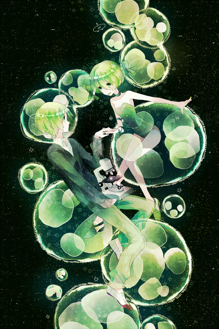 1girl, bare_legs, bow, green_eyes, green_hair, hair_ribbon, hand_holding, holding_hands, maple_(cyakapon), microscope, night, night_sky, open_mouth, original, ribbon, shoes, short_hair, sky, star, star_(object), star_(sky)