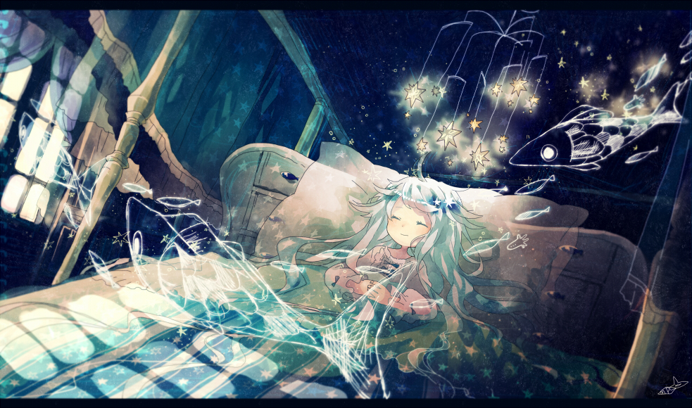 bed, bedroom, blanket, closed_eyes, eyes_closed, fish, hands_together, letterboxed