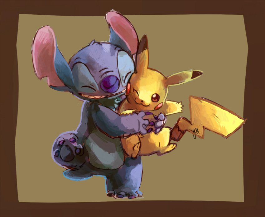 bluekomadori, brown_eyes, closed_eyes, crossover, disney, eyes_closed, hug, lilo_&amp;_stitch, no_humans, pikachu, pokemon, pokemon_(creature), standing_on_one_leg, stitch_(lilo_&amp;_stitch), wince