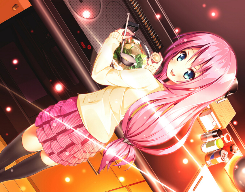 :d, black_legwear, blue_eyes, blush, cooking, food, holding, ladle