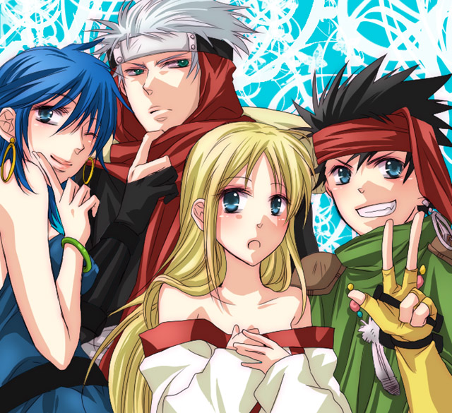 arc_the_lad, arc_the_lad_ii, bare_shoulders, black_hair, blonde_hair, blue_eyes, blue_hair, bracelet, dress, earrings, elc, female, fingerless_gloves, gloves, green_eyes, grey_hair, headband, i-k, lieza, long_hair, male, shante, short_hair, shu_(arc_the_lad), smile, v, wink