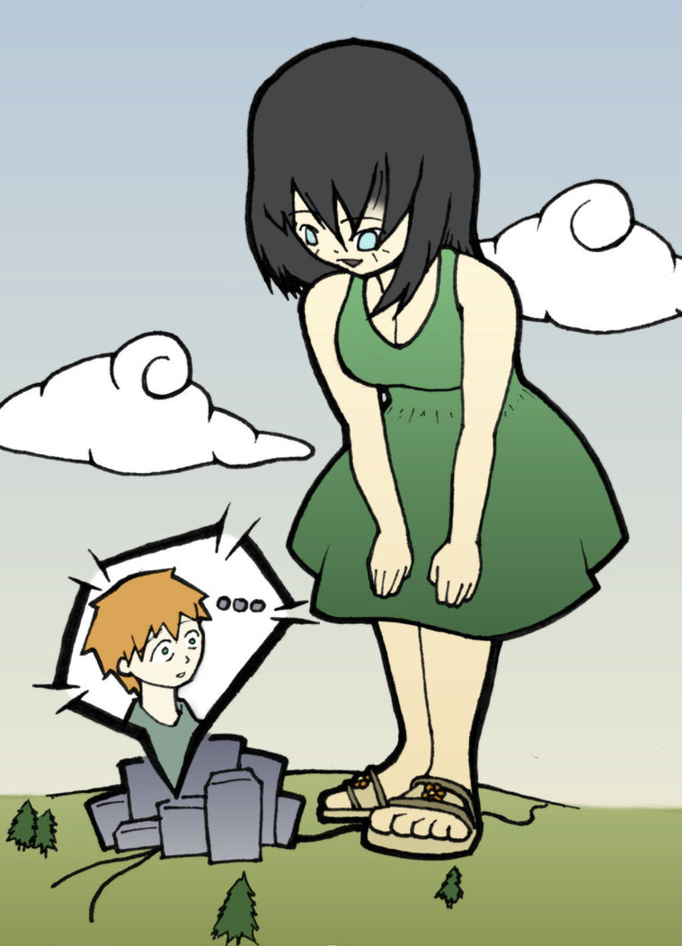 black_hair, city, dress, flip-flops, giantess, sandals, weather