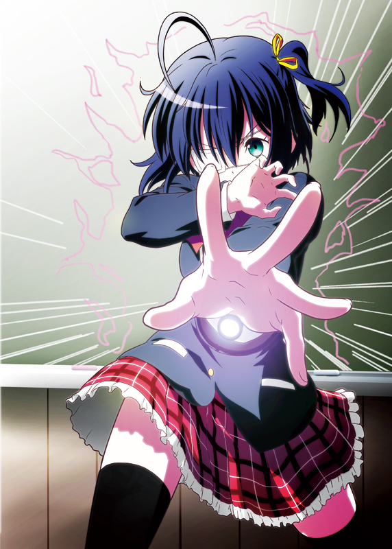 black_legwear, blue_hair, chuunibyou_demo_koi_ga_shitai!, eyepatch, funen_gomi, green_eyes, plaid, plaid_skirt