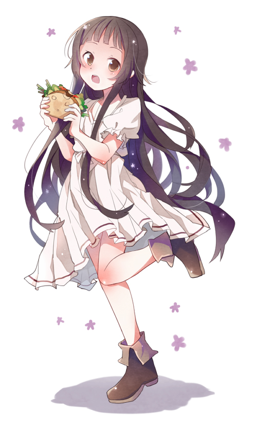 black_hair, boots, brown_eyes, dress, hika_(ozeluk), long_hair, sandwich, solo, sword_art_online, yui_(sao)