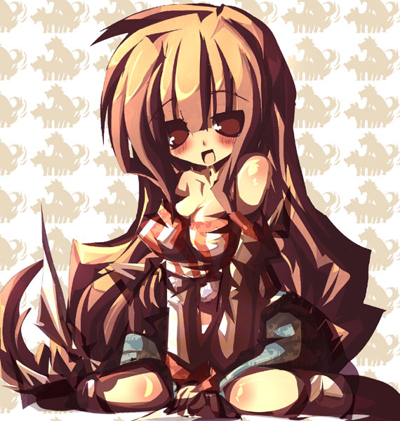 arc_the_lad_ii, bare_shoulders, blonde_hair, blush, breasts, brown_eyes, brown_hair, dango_mushi