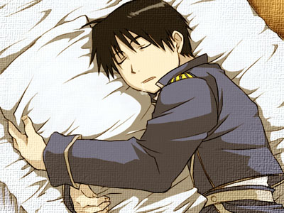 black_hair, drooling, fullmetal_alchemist, kirou_ran, lowres, male, military, military_uniform, pillow, pillow_hug, roy_mustang, short_hair, sleeping, solo, texture, uniform