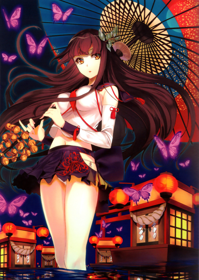 absurdres, bangs, black_hair, blunt_bangs, butterfly, detached_sleeves, hair_ornament, highres, huge_filesize, long_hair, midriff, miniskirt, navel, orange_eyes, oriental_umbrella, original, panties, parted_lips, pleated_skirt, sailor_collar, scan, side-tie_panties, skirt, solo, umbrella, underwear, very_long_hair, wading, white_panties, yuunagi_(seventh_heaven)