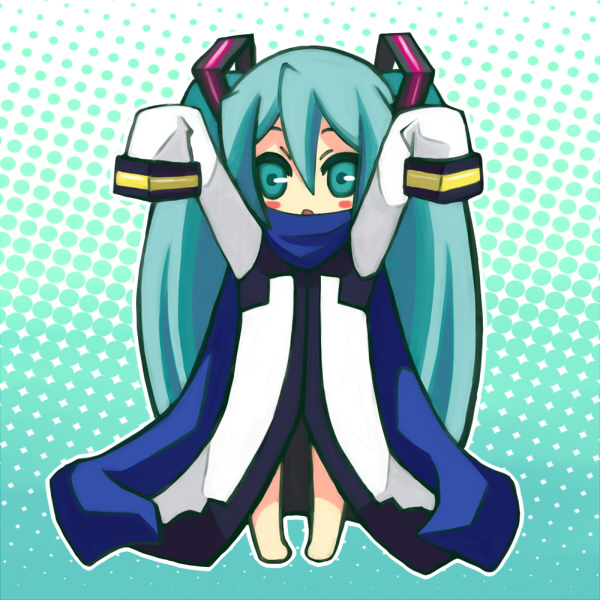 1girl, aqua_eyes, aqua_hair, bad_id, chibi, coat, cosplay, hatsune_miku