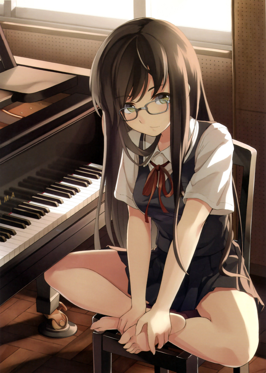 absurdres, artist_request, barefoot, black_hair, feet, glasses, grand_piano, green_eyes