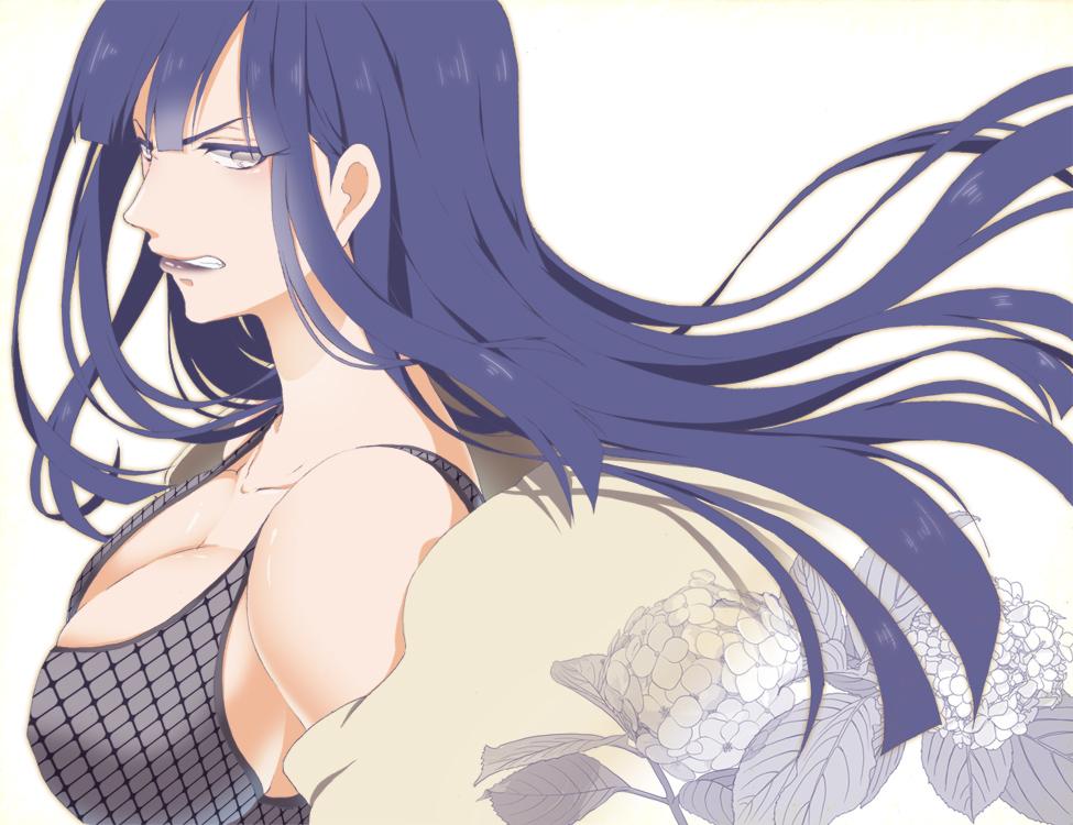 angry, b-cat, bare_shoulders, blue_hair, breasts, cleavage, clenched_teeth, flower, grey_eyes, hyuuga_hinata, large_breasts, lips, lipstick, long_hair, makeup, naruto, naruto:_road_to_ninja, purple_hair, scowl, side, sideboob, silver_eyes, simple_background, solo, teeth, white_background, white_eyes