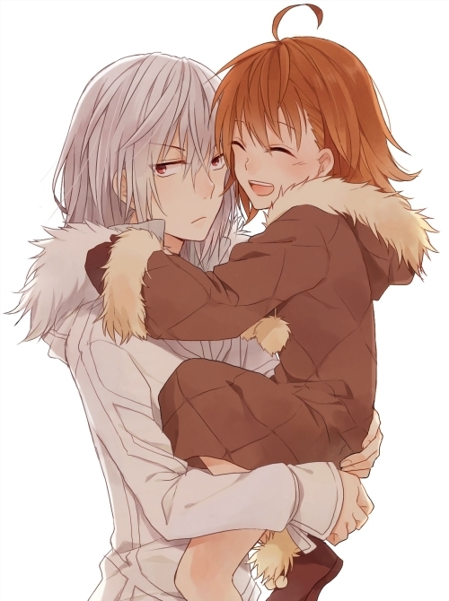 1girl, :d, ^_^, accelerator, ahoge, blush, brown_hair, carrying, closed_eyes, coat, eyes_closed, last_order, nose, open_mouth, red_eyes, short_hair, silver_hair, simple_background, smile, to_aru_majutsu_no_index, white_background, zarutsu