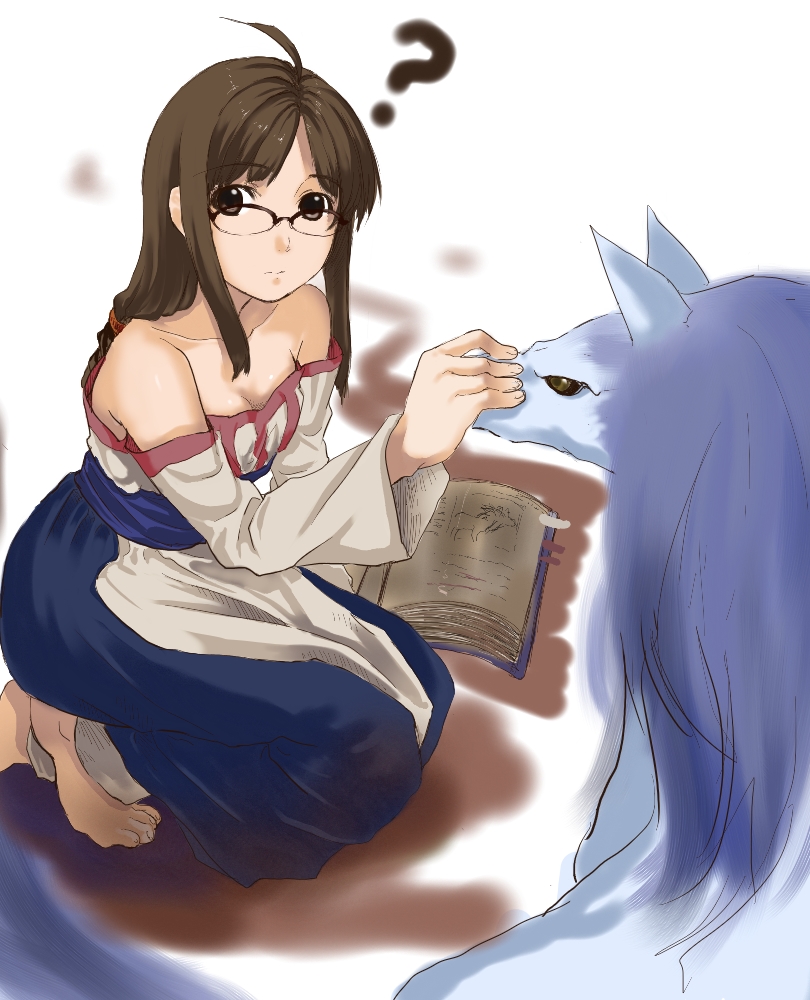 animal, arc_the_lad, arc_the_lad_ii, bare_shoulders, barefoot, book, breasts, brown_eyes
