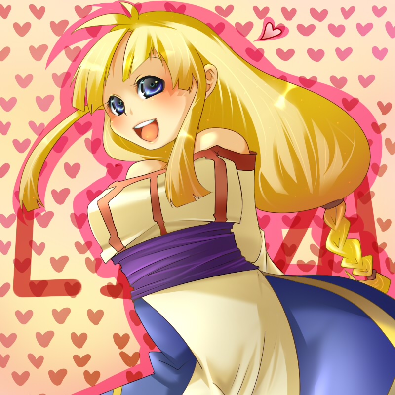 arc_the_lad, arc_the_lad_ii, arms_behind_back, bare_shoulders, blonde_hair, blue_eyes, dress, female