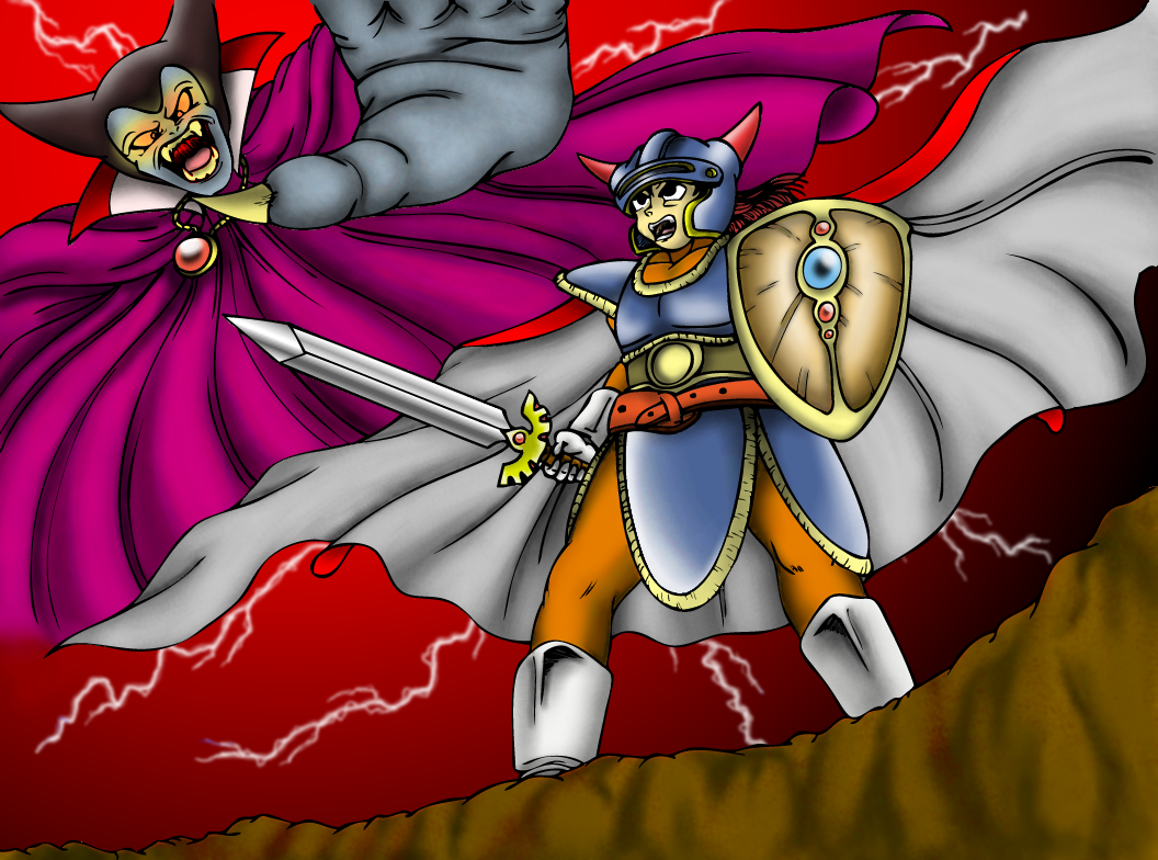 armor, black_eyes, black_hair, boots, cape, dragon_lord, dragon_quest, dragon_quest_i