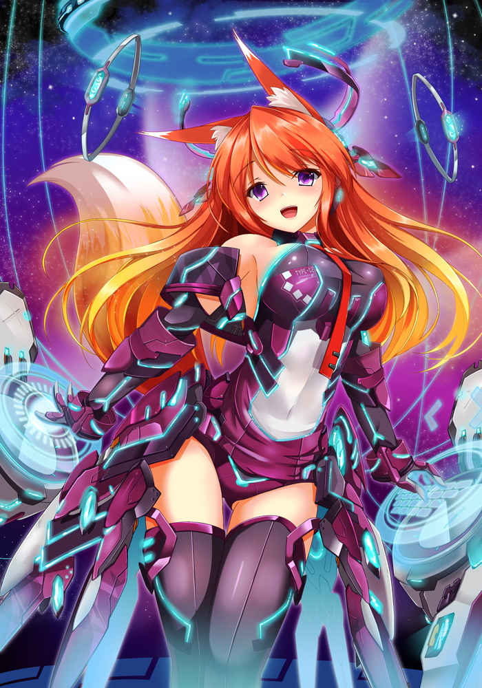 animal_ears, black_legwear, bodysuit, breasts, fatkewell, fox_ears, fox_tail, holographic_interface