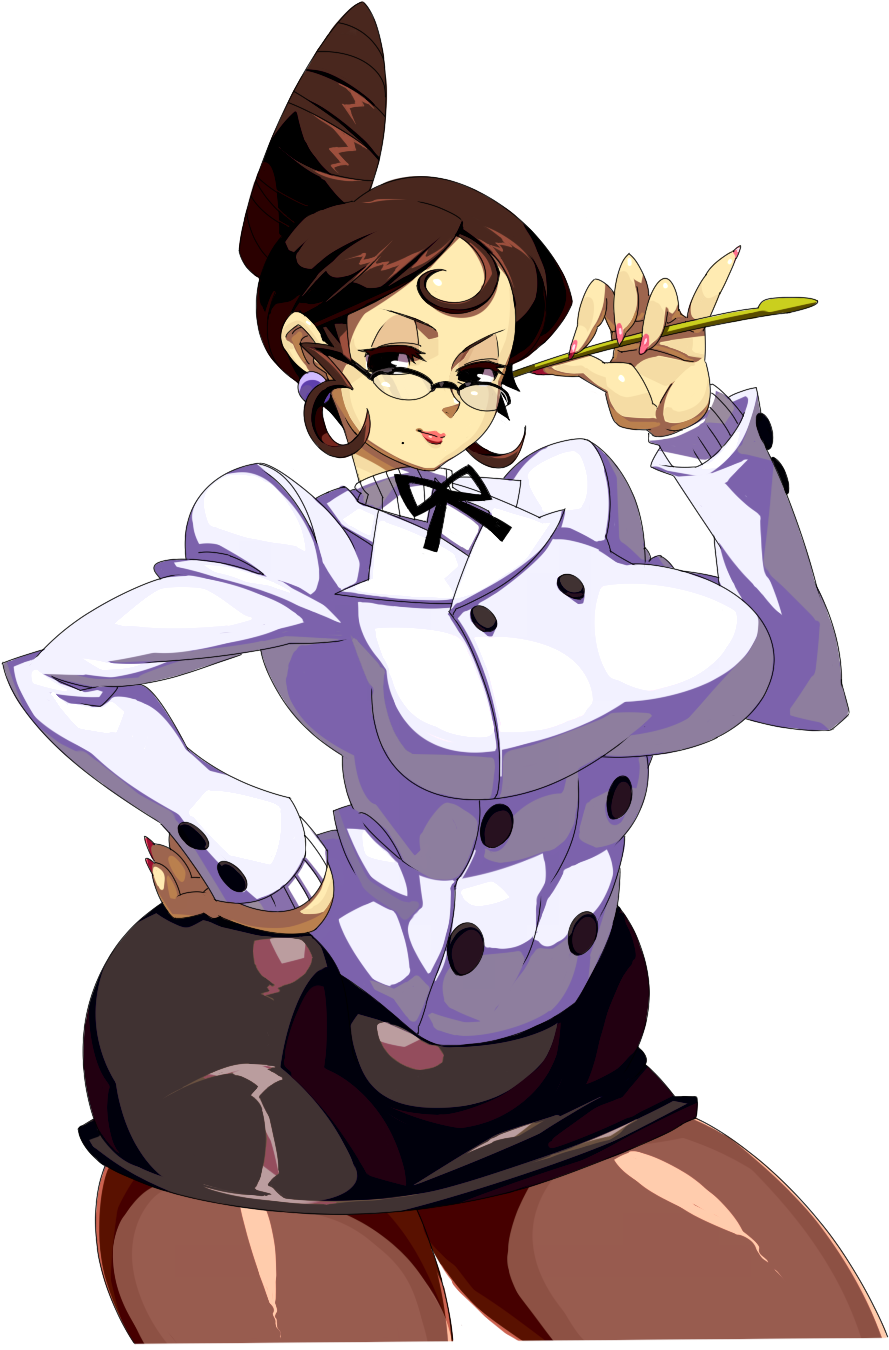 black_eyes, black_skirt, breasts, brown_hair, earrings, glasses, hand_on_hip, highres, jewelry, large_breasts, lips, lipstick, long_hair, makeup, mole, mrs._victoria_(skullgirls), nail_polish, pantyhose, pointer, simple_background, skirt, skullgirls, smile, solo, thighs, vordandan, white_background