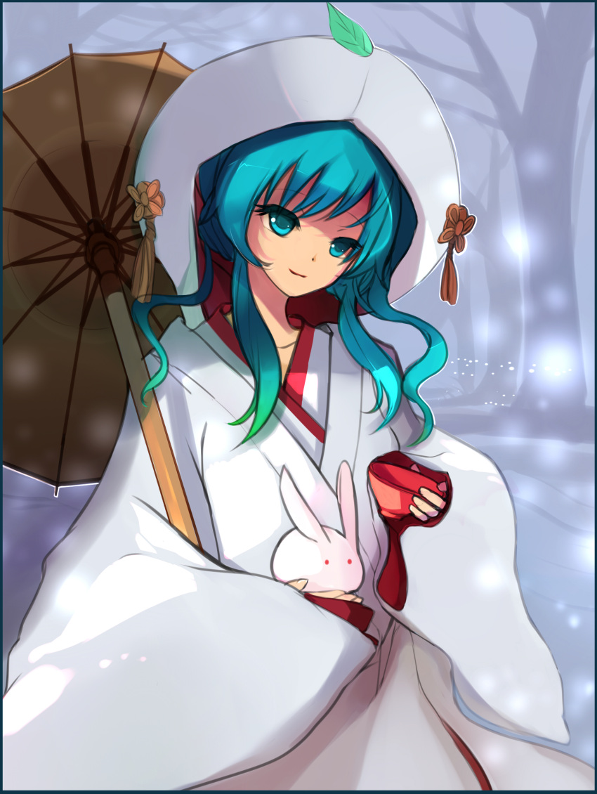 aqua_eyes, aqua_hair, bunny, hatsune_miku, highres, japanese_clothes, kimono, rabbit