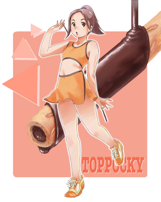brown_eyes, food, kow_(artist), midriff, pocky, shoes, short_ponytail, skirt, sneakers, sports_top, thighs