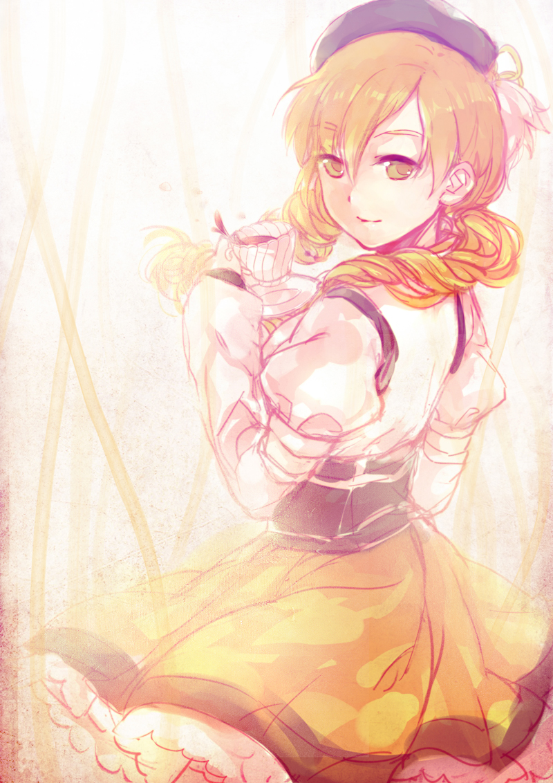 baronet, beret, blonde_hair, corset, cup, detached_sleeves, drill_hair, fingerless_gloves, gloves, graphite_(medium), hair_ornament, hat, looking_back, mahou_shoujo_madoka_magica, pleated_skirt, puffy_sleeves, skirt, smile, solo, teacup, tomoe_mami, traditional_media