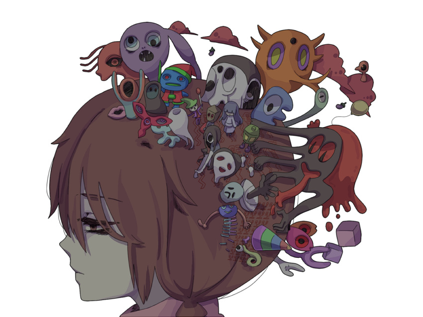 balloon, ballooon, black_sclera, braid, brown_eyes, brown_hair, chibi, cloud