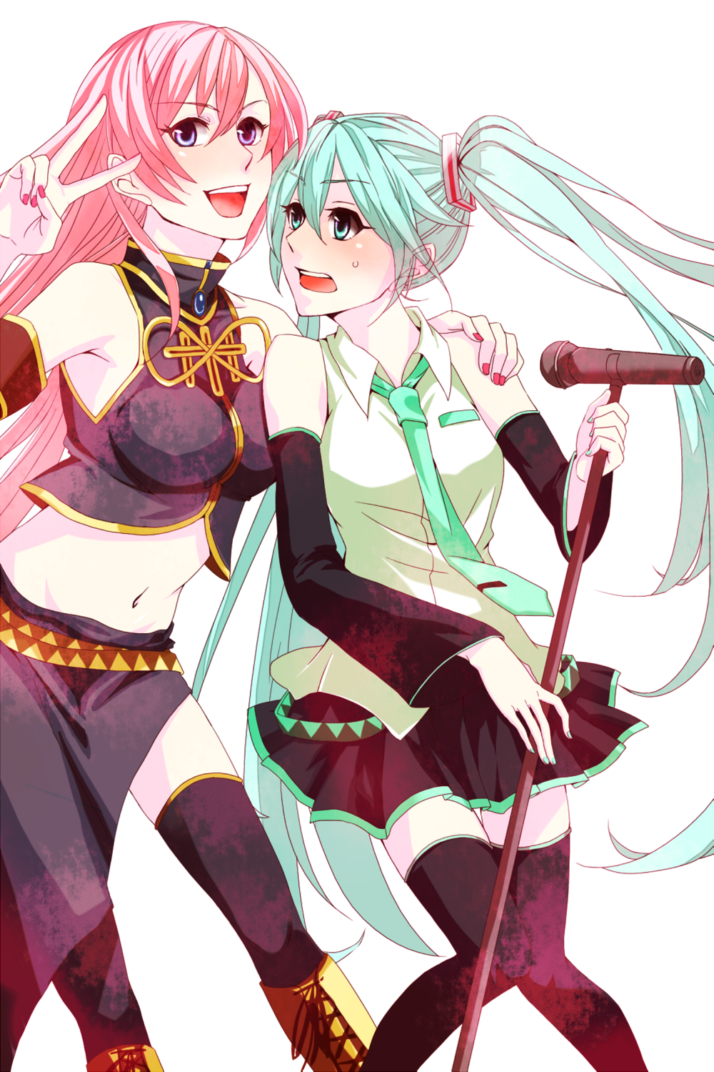 black_legwear, boots, cross-laced_footwear, detached_sleeves, green_eyes, green_hair, hagitayuu, hand_on_shoulder, hatsune_miku, highres, lace-up_boots, long_hair, megurine_luka, microphone, microphone_stand, midriff, multiple_girls, nail_polish, navel, necktie, open_mouth, pink_hair, purple_eyes, simple_background, smile, thigh-highs, thighhighs, twintails, v, violet_eyes, vocaloid, white_background