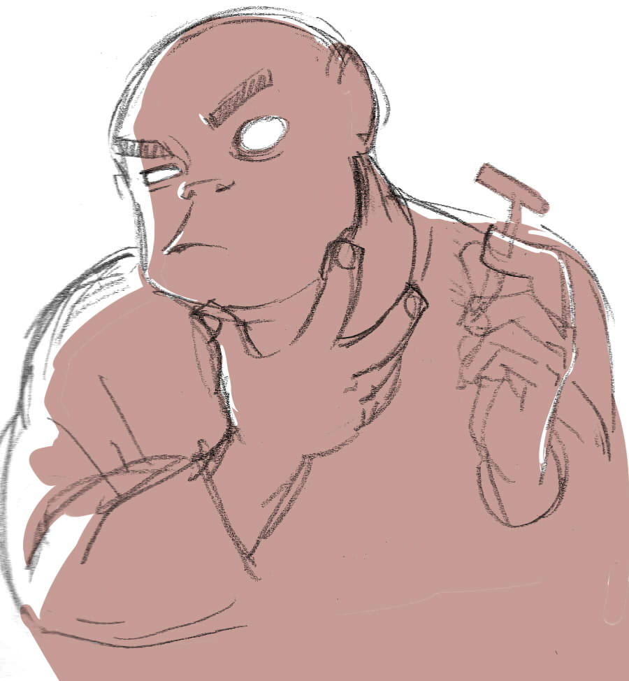 bald, empty_eyes, eyebrows, gorillaz, razor, russel_hobbs, shaving, simple_background, sketch, solo, thick_eyebrows