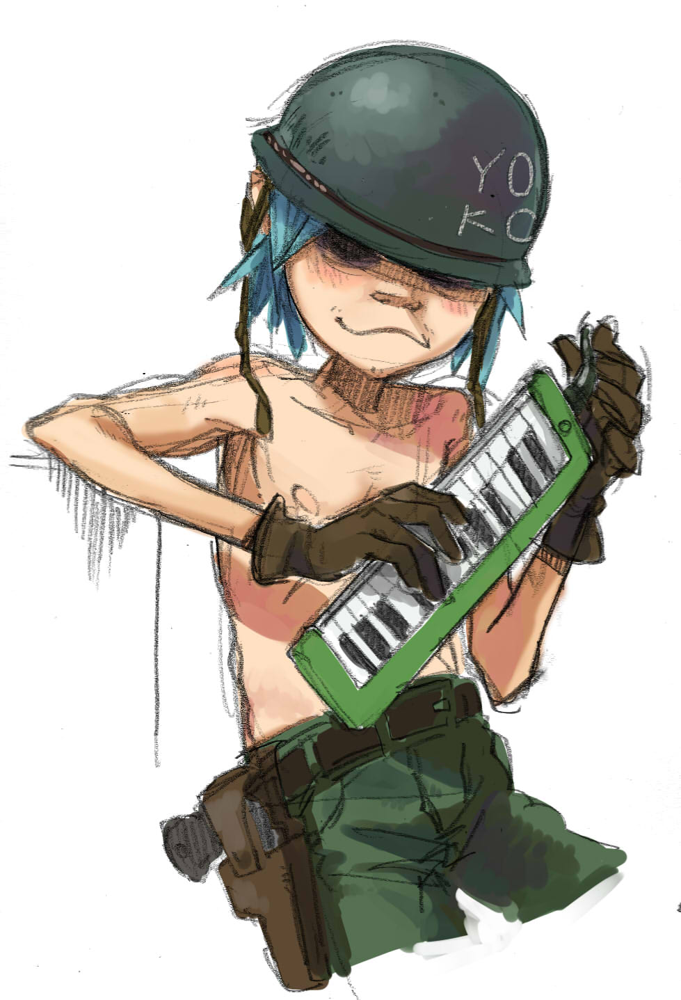 blue_hair, empty_eyes, gloves, gorillaz, gun, gunbelt, helmet, highres