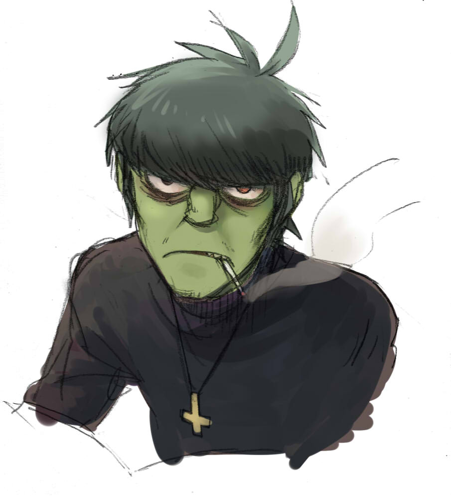 ahoge, bangs, cigarette, cross, gorillaz, green_skin, heterochromia, inverted_cross