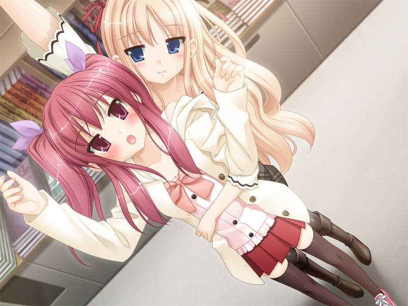 :o, arm_around_waist, arm_up, black_legwear, blonde, blonde_hair, blue_eyes, blush