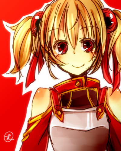 blonde_hair, lowres, mugimaro35, red_background, red_eyes, silica, smile, solo