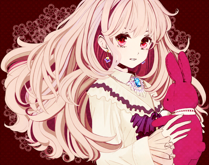 blonde_hair, earrings, guriribalove, jewelry, long_hair, original, red_eyes, solo, stuffed_animal, stuffed_bunny, stuffed_toy