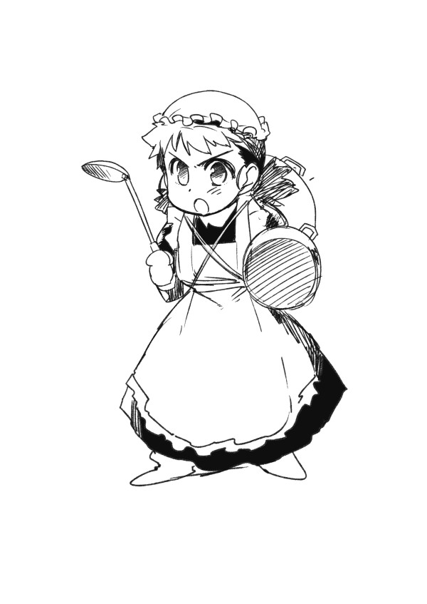 apron, hat, ishida_akira, ladle, little_sister_maid_(maoyuu), maid, maoyuu_maou_yuusha, monochrome