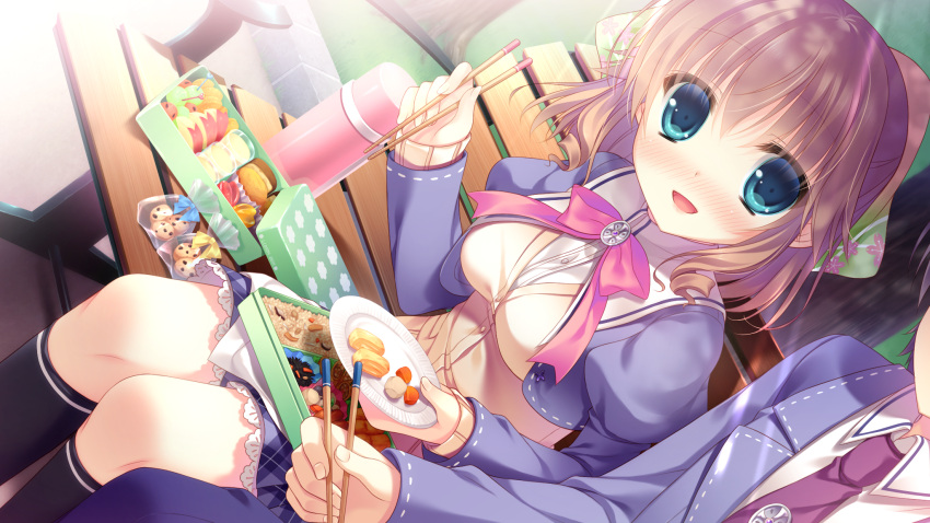 1girl, :d, apple, aqua_eyes, bag, bench, black_legwear, blazer