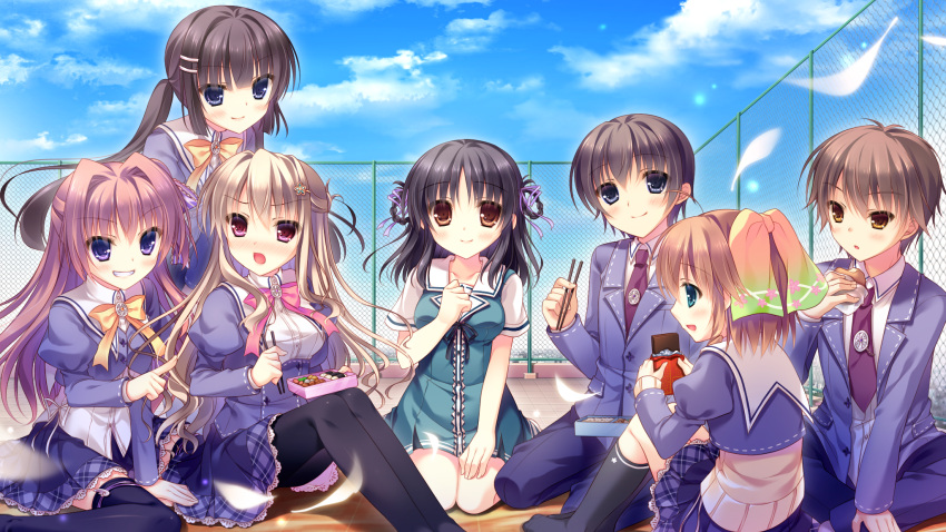 5girls, :d, :o, azuse_matsuri, black_hair, blazer, blonde_hair, blue_eyes