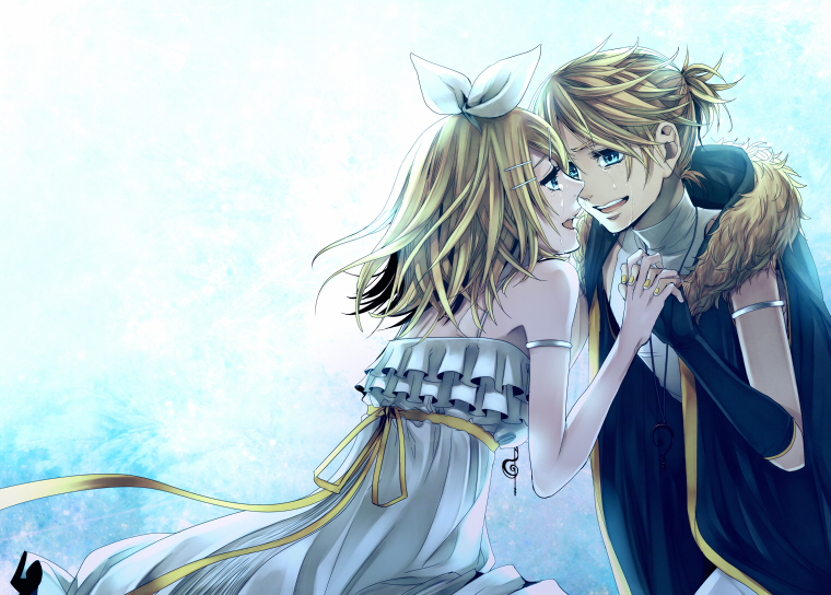 1girl, aqua_eyes, bare_shoulders, blonde_hair, dress, fingerless_gloves, gloves, hair_ornament, hair_ribbon, hairclip, hands_clasped, kagamine_len, kagamine_rin, looking_at_another, open_mouth, ribbon, short_hair, sleeveless, sleeveless_dress, smile, suzunosuke_(sagula), synchronicity_(vocaloid), tears, vocaloid