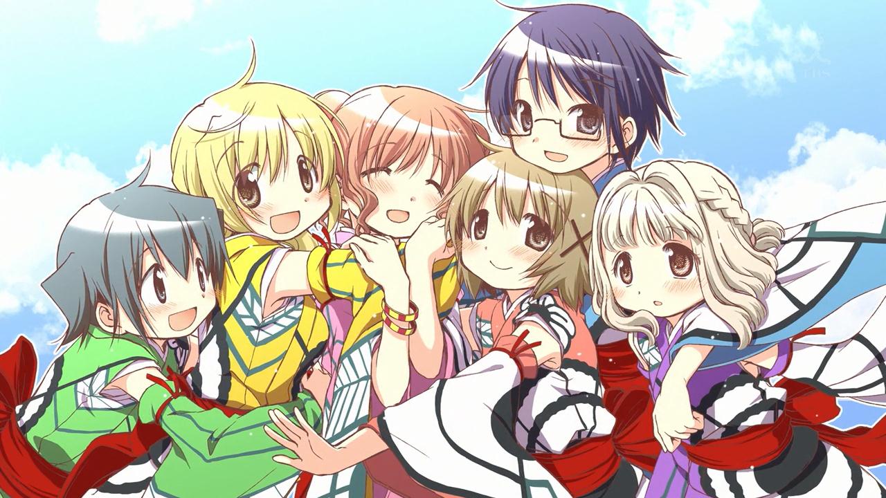 :d, ^_^, alternate_costume, aoki_ume, blonde_hair, blue_hair, blush, brown_eyes