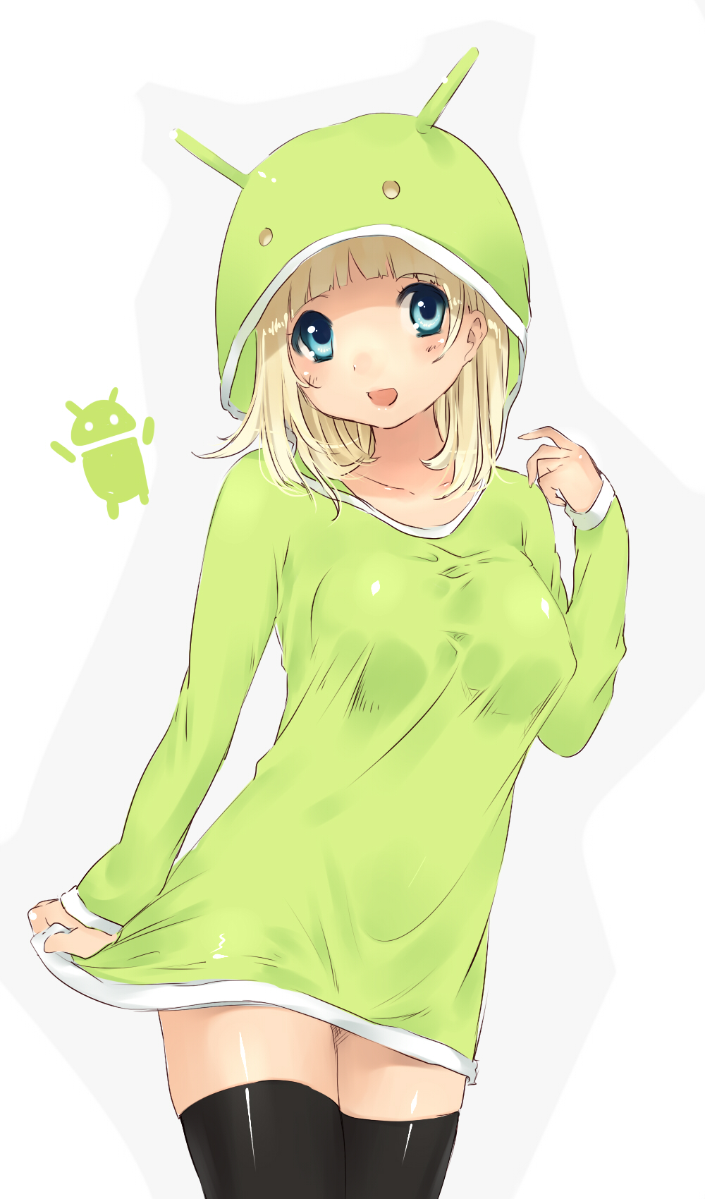 :d, android_(os), black_legwear, blonde_hair, blue_eyes, blush, collarbone, highres