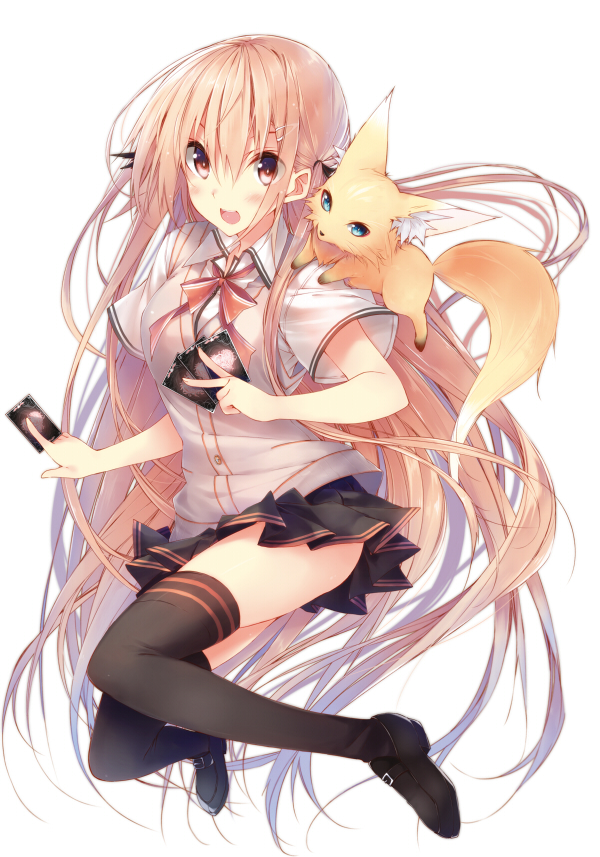 :d, animal_on_shoulder, black_legwear, blonde_hair, blush, cardigan_vest, cellphone, copyright_request