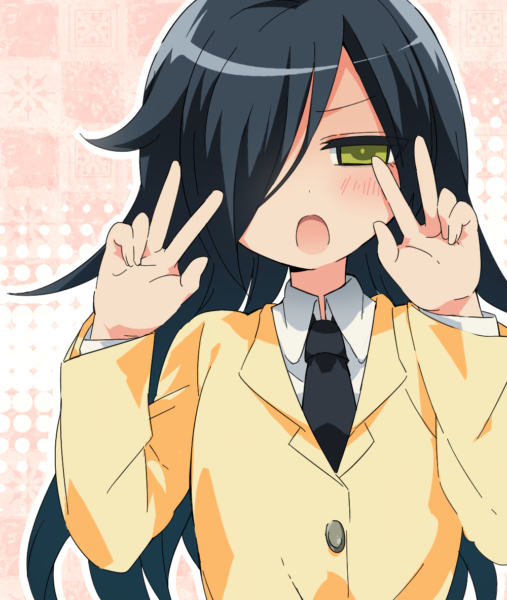 black_hair, blazer, blush, double_v, green_eyes, hair_over_one_eye, ika, kuroki_tomoko, long_hair, necktie, school_uniform, solo, v, watashi_ga_motenai_no_wa_dou_kangaetemo_omaera_ga_warui!