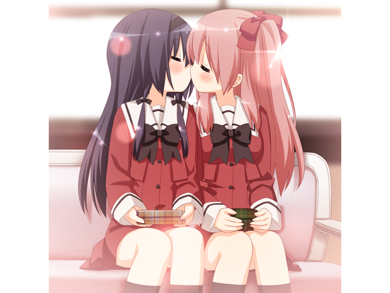 ayase_miya, azumi_risa, black_hair, bow, box, closed_eyes, couch, eyes_closed