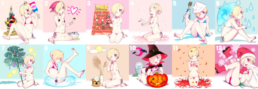 :d, autumn, autumn_leaves, bamboo, bat, bikini, black_bikini, blonde_hair