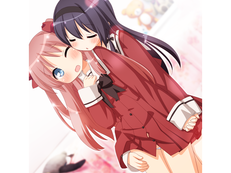 :o, ayase_miya, azumi_risa, black_hair, blue_eyes, bow, closed_eyes, eyes_closed