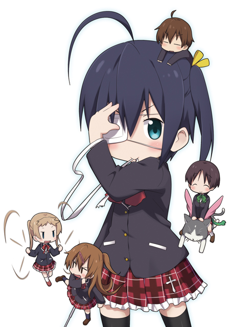 ahoge, blush, brown_hair, chibi, chimera_(chuu2koi), chuunibyou_demo_koi_ga_shitai!, closed_eyes, dekomori_sanae, eyepatch, hair_ornament, hair_ribbon, hair_weapon, hairclip, kohinata_sora, long_hair, mouth_hold, nibutani_shinka, one_side_up, plaid, plaid_skirt, ribbon, school_uniform, short_hair, side_ponytail, skirt, smile, takanashi_rikka, thigh-highs, thighhighs, togashi_yuuta, tsuyuri_kumin, twintails, very_long_hair, wings, zettai_ryouiki