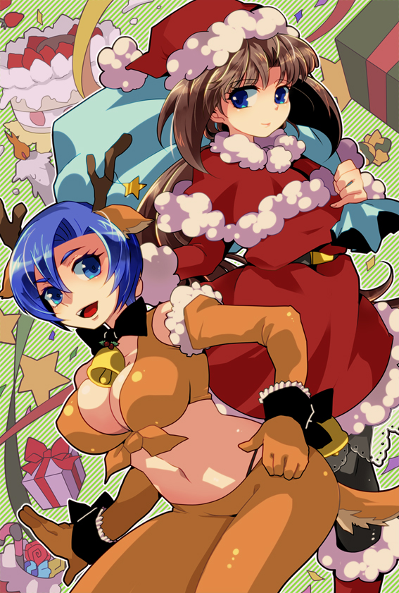 animal_costume, bell, black_legwear, black_panties, blue_eyes, blue_hair, boots, bowtie, box, breasts, brown_hair, cake, candle, candy, candy_cane, cleavage, detached_sleeves, food, front-tie_top, fruit, gift, gift_box, gundam, hat, hcsb, holly, jingle_bell, long_hair, midriff, navel, open_mouth, panties, paula_cis, ponytail, reindeer_antlers, reindeer_costume, reindeer_ears, sack, santa_costume, santa_hat, star, strawberry, tail, tiffa_adill, underwear, very_long_hair, wrist_cuffs