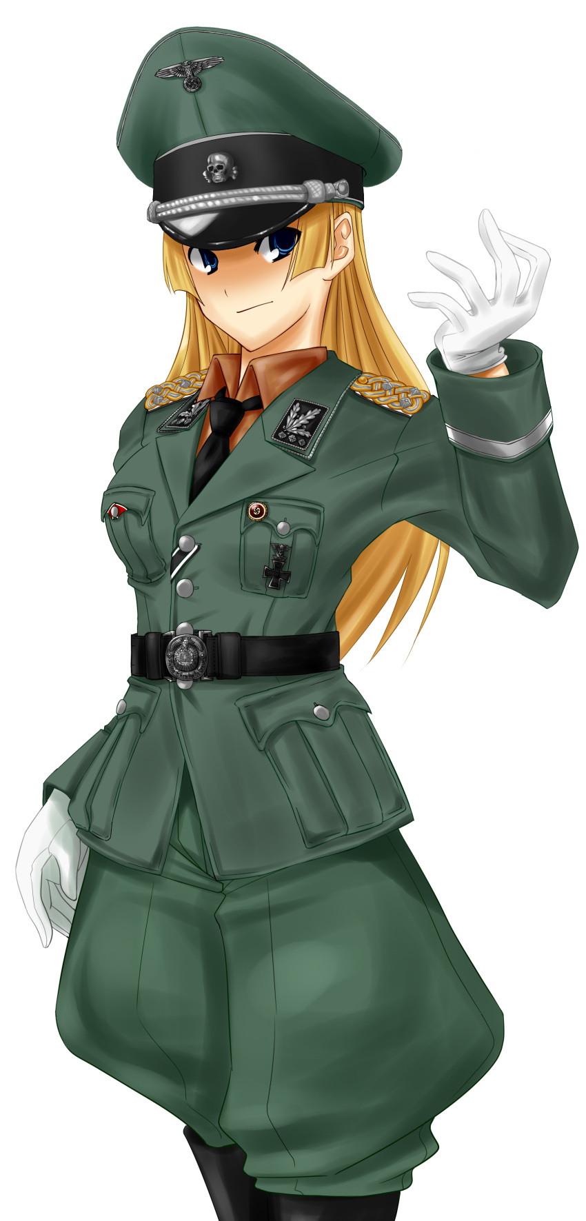 ankorosan, blonde_hair, blue_eyes, dachau, gloves, hat, highres, nazi, party_pin, skull, solo, totenkopf, uniform, white_gloves