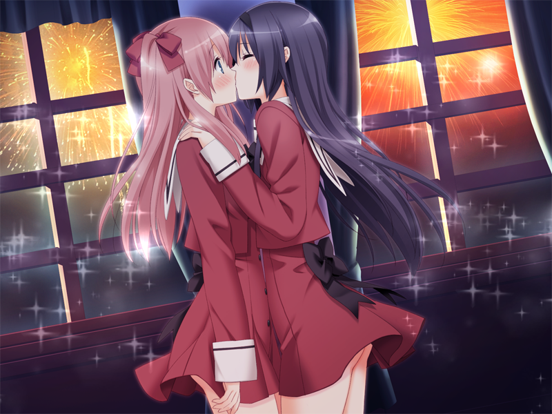 ass, ayase_miya, azumi_risa, black_hair, blush, bow, closed_eyes, eyes_closed