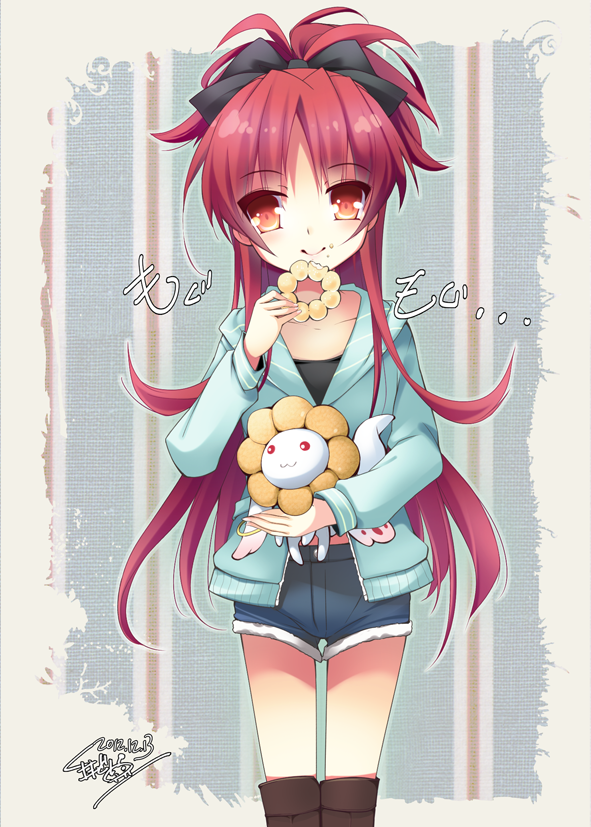 cosplay, dated, doughnut, hair_ribbon, holding, kyubey, long_hair, long_ponytail